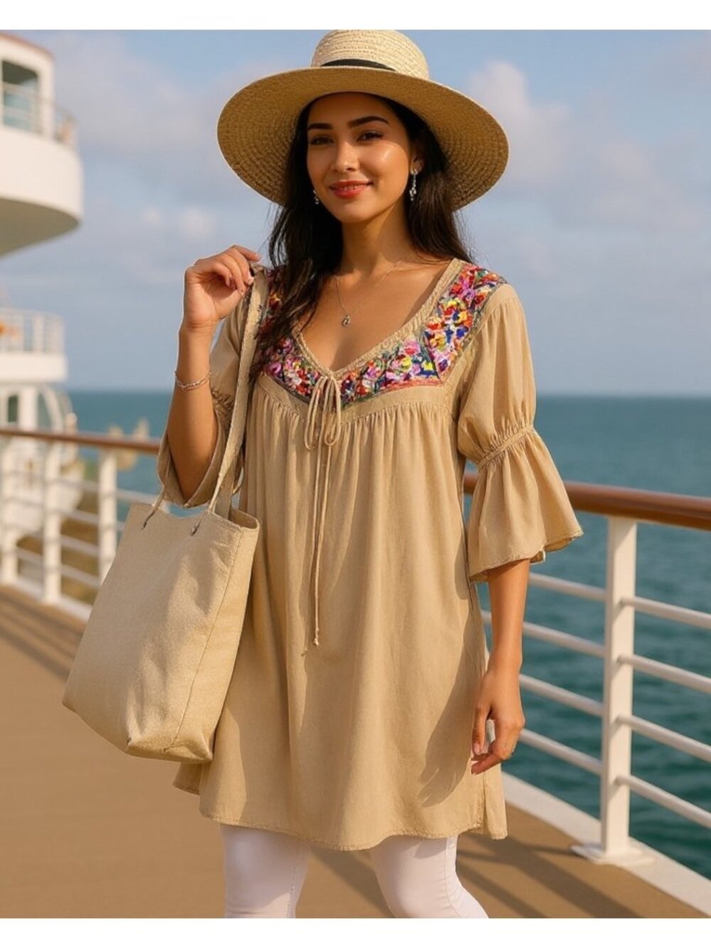 Va Va by Joy Han Boho Tunic Dress Bell Sleeves Embroidery Lined Size XS